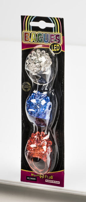 Bague lumineuse de 3 coloris aléatoire avec 3 LEDs clignotantes. S'allume ou s'éteint par simple pression sur la bague.